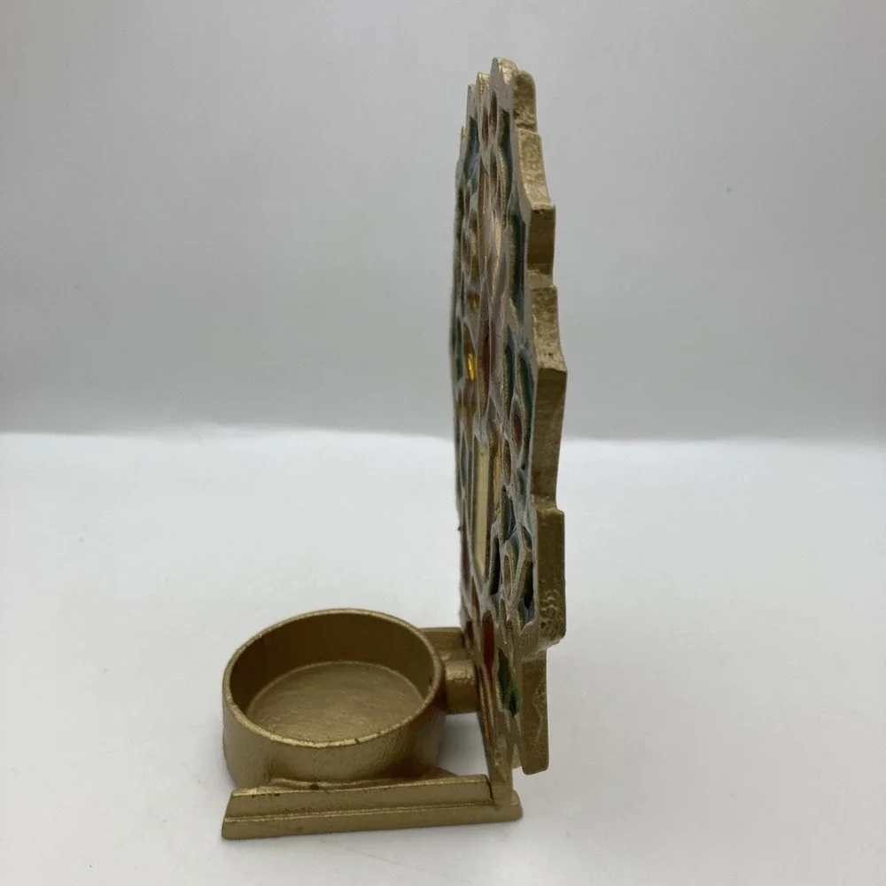 Vintage STAINED GLASS Cast Iron Wreath CANDLE HOLDER MCM 70s Christmas - Picture 10 of 11